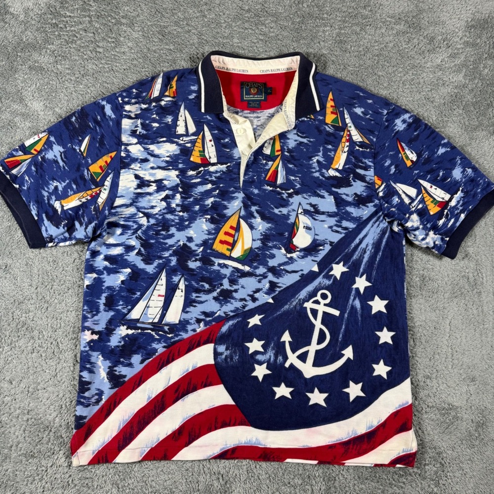 VTG Ralph Lauren Rugby Polo Shirt Men XL Nautical Sailboat USA Flag Anchor Chaps